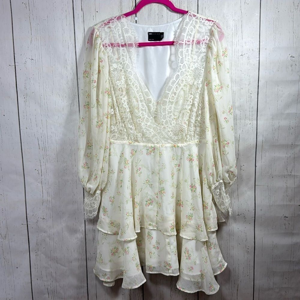ASOS Cream Floral Lace Boho Mini Dress Size 10 Cottagecore Romantic Prairie